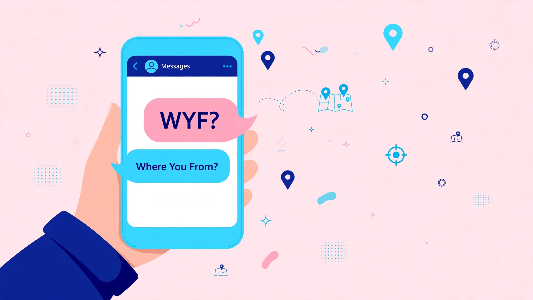 WYF meaning in texting — "Where You From?" chat illustration